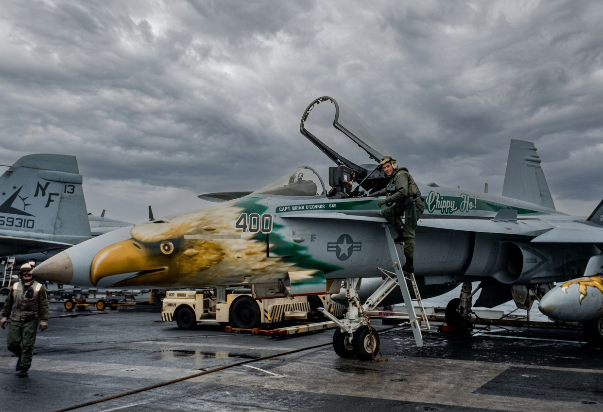 Tony Wright climbing out of the VFA-195 'Chippy Ho!' CAG jet (NF 400), CVW-5, forward-deployed from Japan.