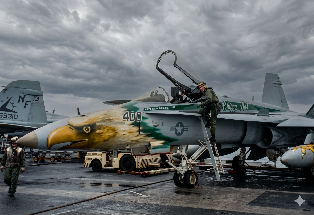 Tony Wright climbing out of the VFA-195 'Chippy Ho!' CAG jet (NF 400), CVW-5, forward-deployed from Japan.