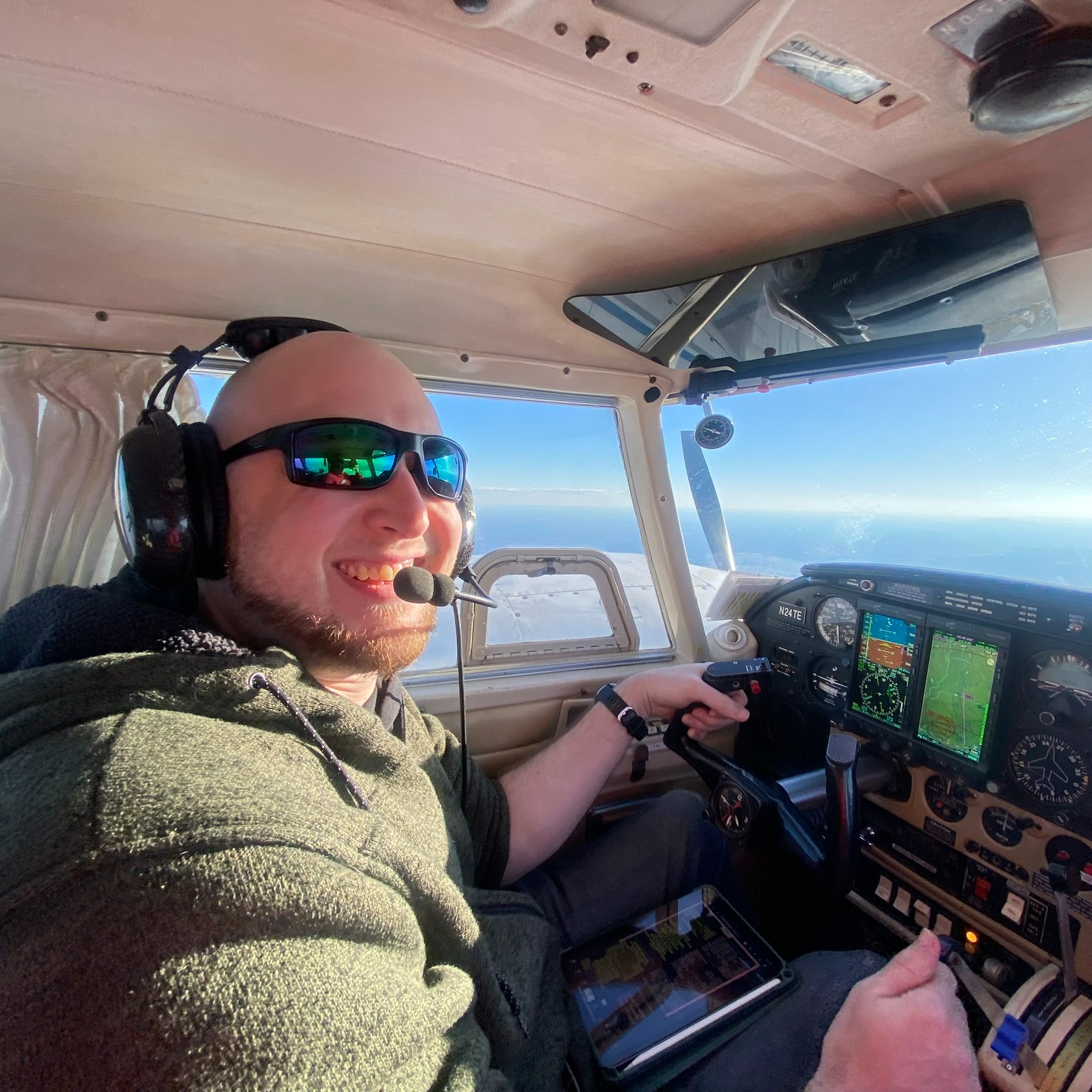 Multi Engine student flying with one engine sopped. Still smiling.