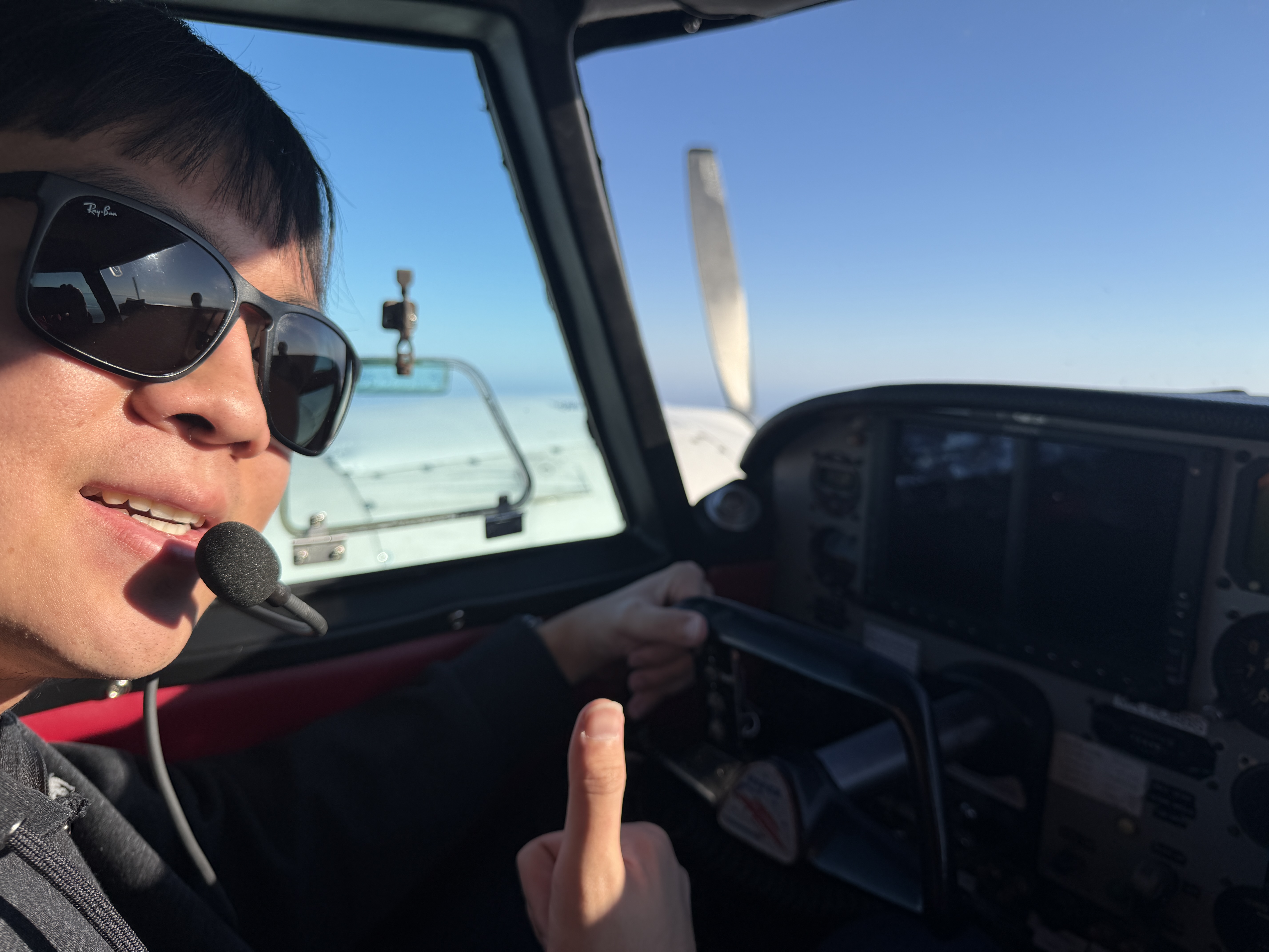 Multi Engine student flying with one engine sopped. Still smiling.