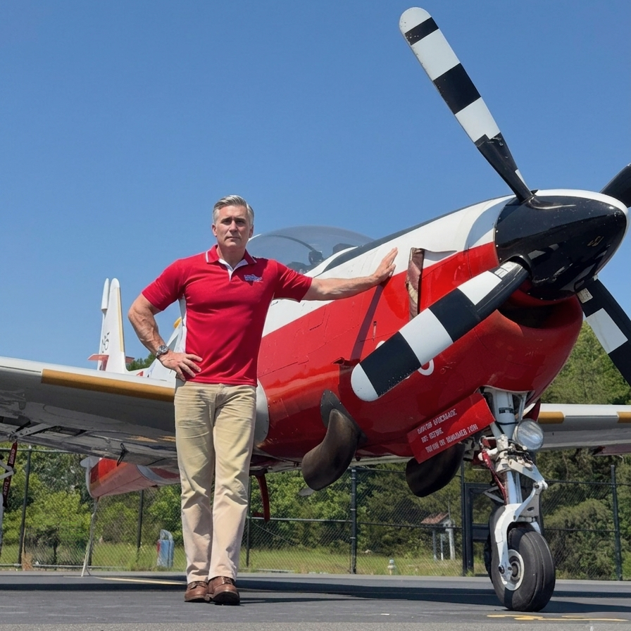 Tony Wright in a red Aviation Adventures polo standing next to the Shorts S312 Tucano T Mk 1 on the ramp.